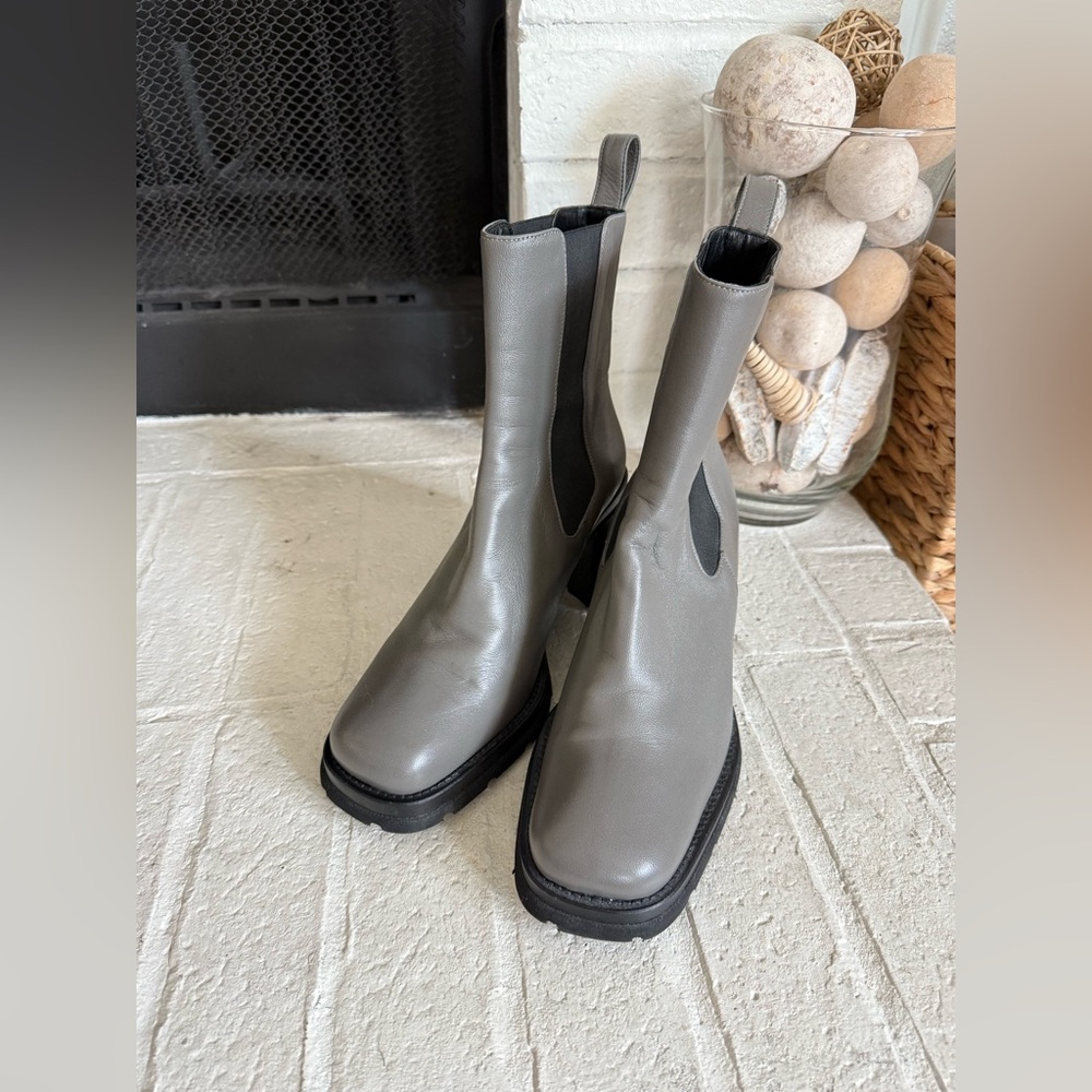 BY FAR Gray Leather Chelsea Boots 39 Chunky Heel Minimalist Luxury